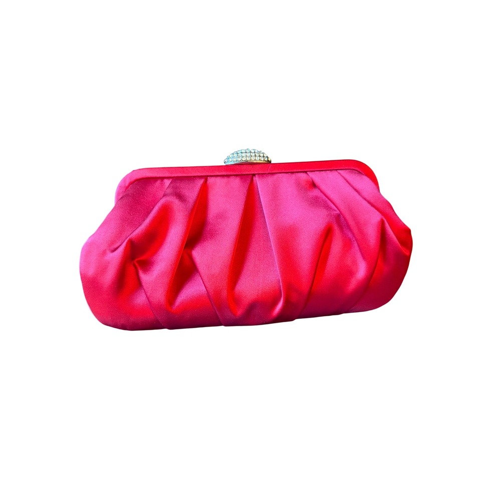 Nina Clutch Red Satin Pleated Rhinestone Clasp Evening Bag Gold Chain Strap